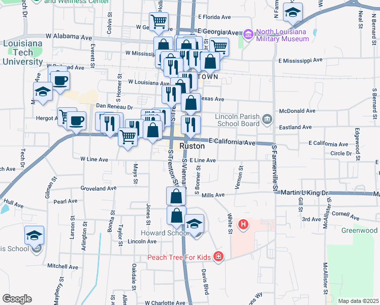 map of restaurants, bars, coffee shops, grocery stores, and more near in Ruston