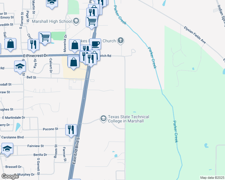 map of restaurants, bars, coffee shops, grocery stores, and more near 2500 East End Boulevard South in Marshall