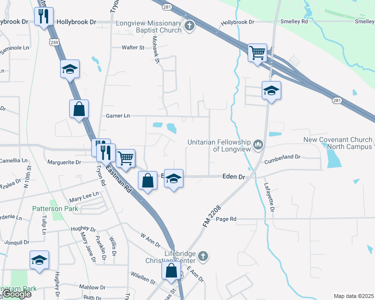 map of restaurants, bars, coffee shops, grocery stores, and more near 1624 Stanley Drive in Longview