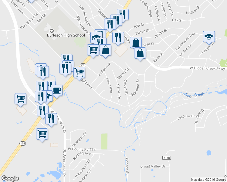 map of restaurants, bars, coffee shops, grocery stores, and more near 1117 Miles Avenue in Burleson