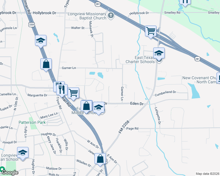 map of restaurants, bars, coffee shops, grocery stores, and more near 1624 Stanley Drive in Longview