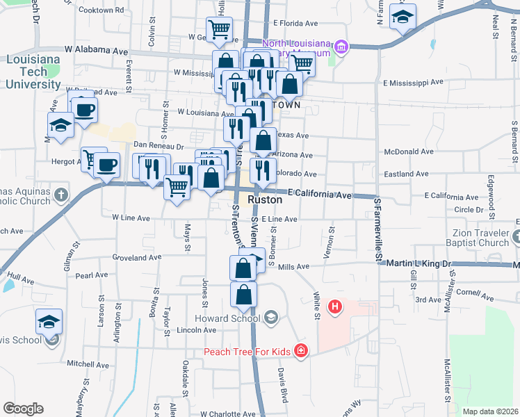 map of restaurants, bars, coffee shops, grocery stores, and more near in Ruston