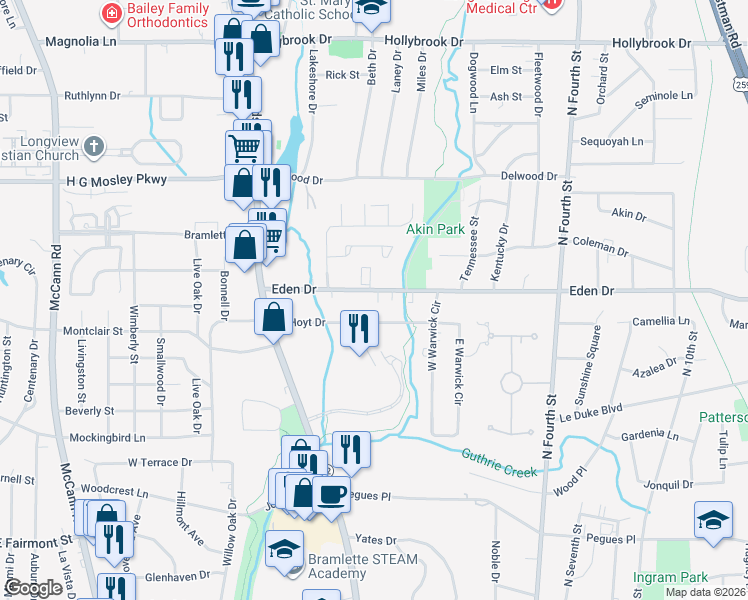 map of restaurants, bars, coffee shops, grocery stores, and more near 330 Eden Drive in Longview