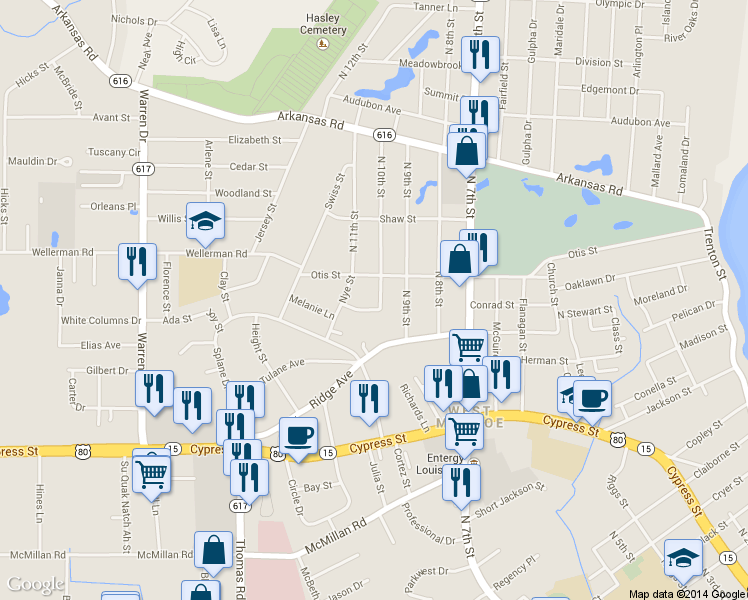 map of restaurants, bars, coffee shops, grocery stores, and more near 1000 Parkwood Dr in West Monroe