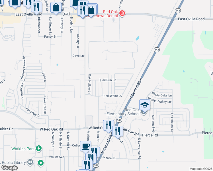 map of restaurants, bars, coffee shops, grocery stores, and more near 216 Sunrise Lane in Red Oak