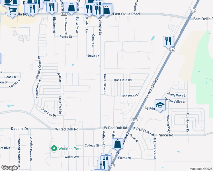 map of restaurants, bars, coffee shops, grocery stores, and more near 116 Oak Hollow Lane in Red Oak
