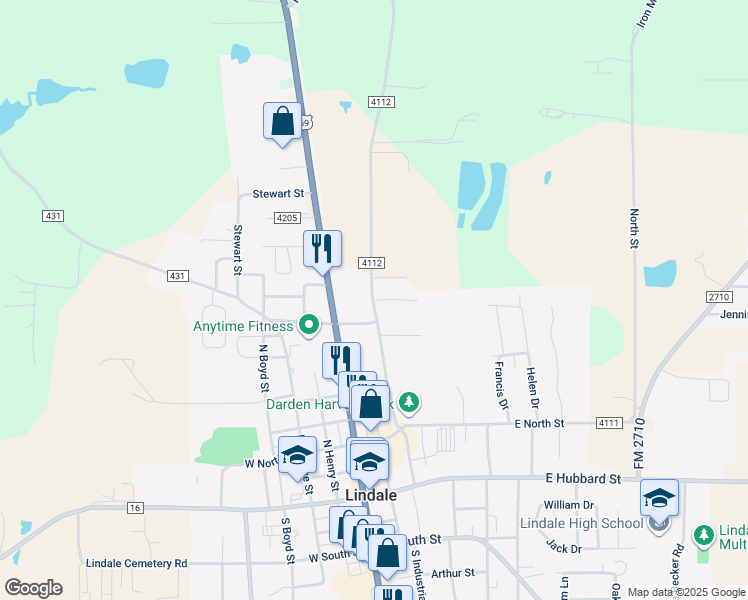 map of restaurants, bars, coffee shops, grocery stores, and more near 14618 Tucker Street in Lindale