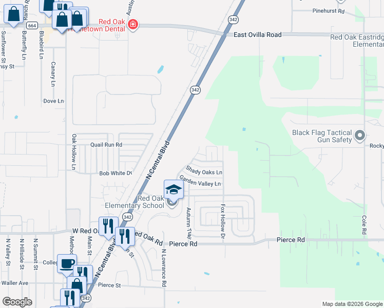 map of restaurants, bars, coffee shops, grocery stores, and more near 224 Texas 342 in Red Oak