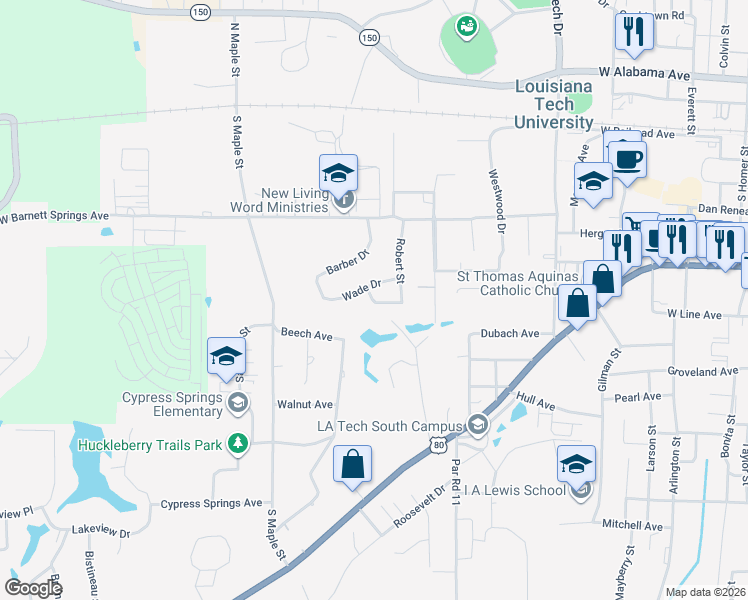 map of restaurants, bars, coffee shops, grocery stores, and more near 1702 Lind Drive in Ruston