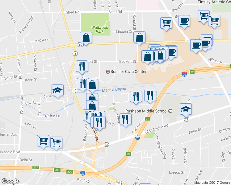 map of restaurants, bars, coffee shops, grocery stores, and more near 514 Preston Blvd in Bossier City