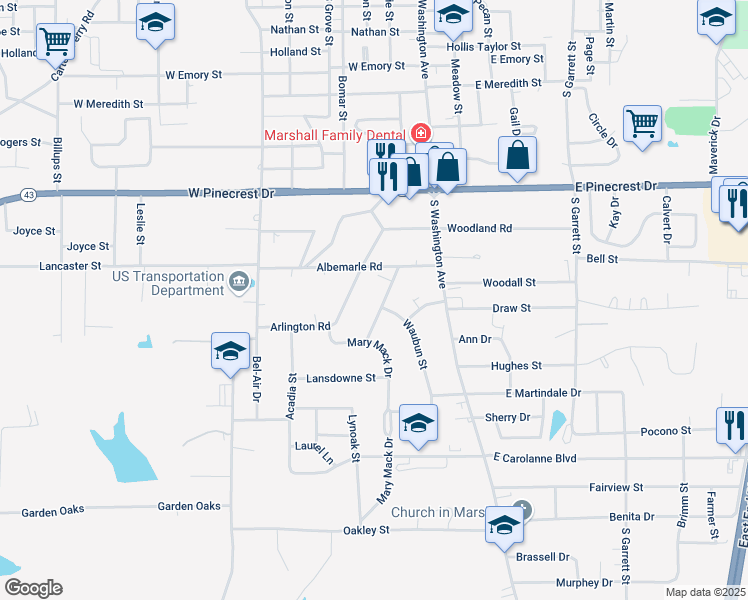 map of restaurants, bars, coffee shops, grocery stores, and more near 2509 Madewood Road in Marshall