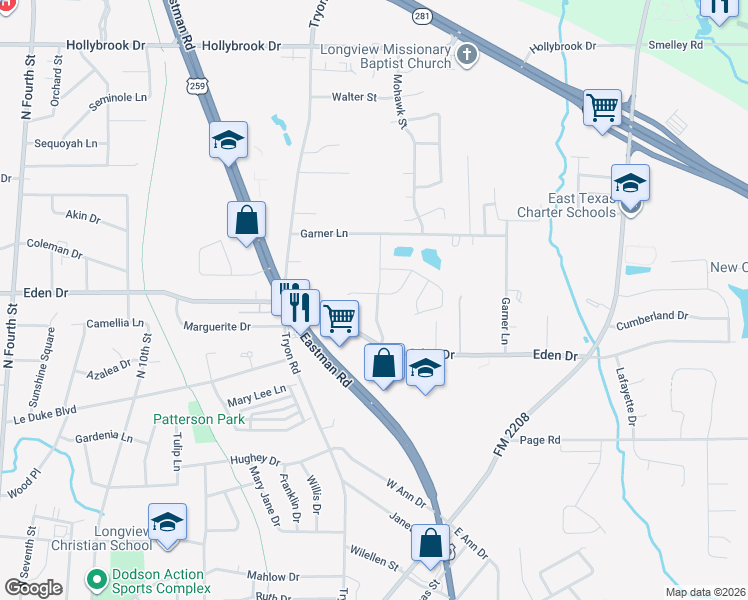 map of restaurants, bars, coffee shops, grocery stores, and more near 1803 Yellowstone Drive in Longview