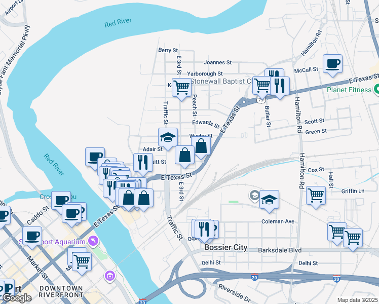 map of restaurants, bars, coffee shops, grocery stores, and more near 414 Adair Street in Bossier City