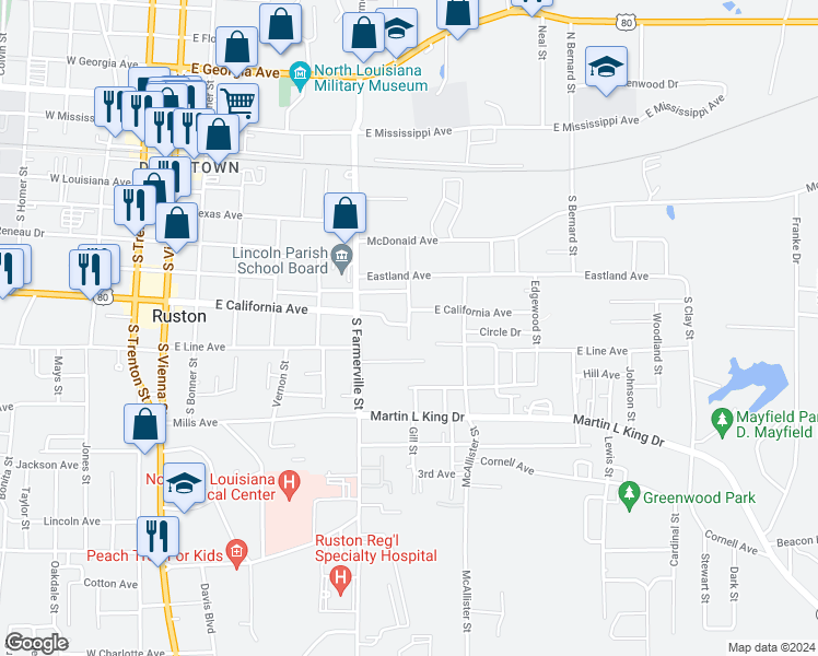 map of restaurants, bars, coffee shops, grocery stores, and more near 607 Garden Street in Ruston