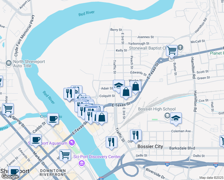 map of restaurants, bars, coffee shops, grocery stores, and more near 205 Adair Street in Bossier City