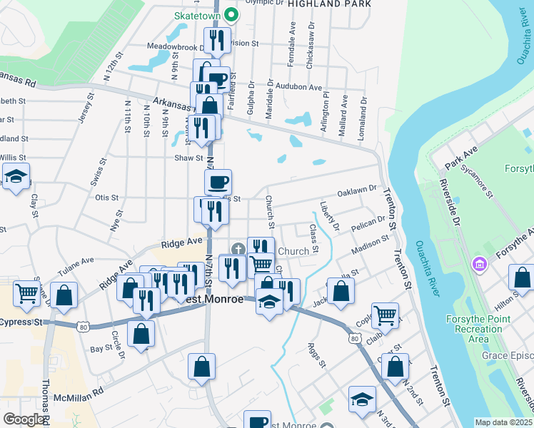 map of restaurants, bars, coffee shops, grocery stores, and more near 503 Oaklawn Drive in West Monroe