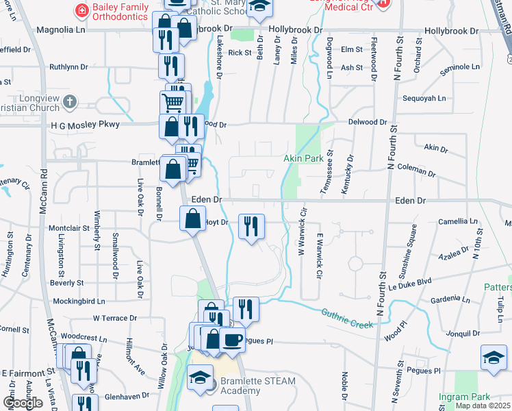 map of restaurants, bars, coffee shops, grocery stores, and more near 310 Eden Drive in Longview