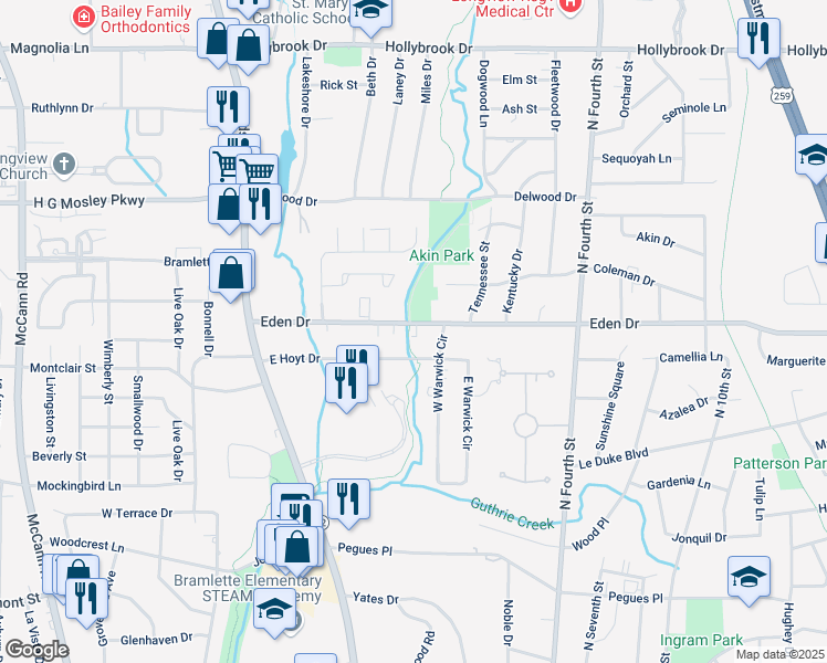 map of restaurants, bars, coffee shops, grocery stores, and more near in Longview