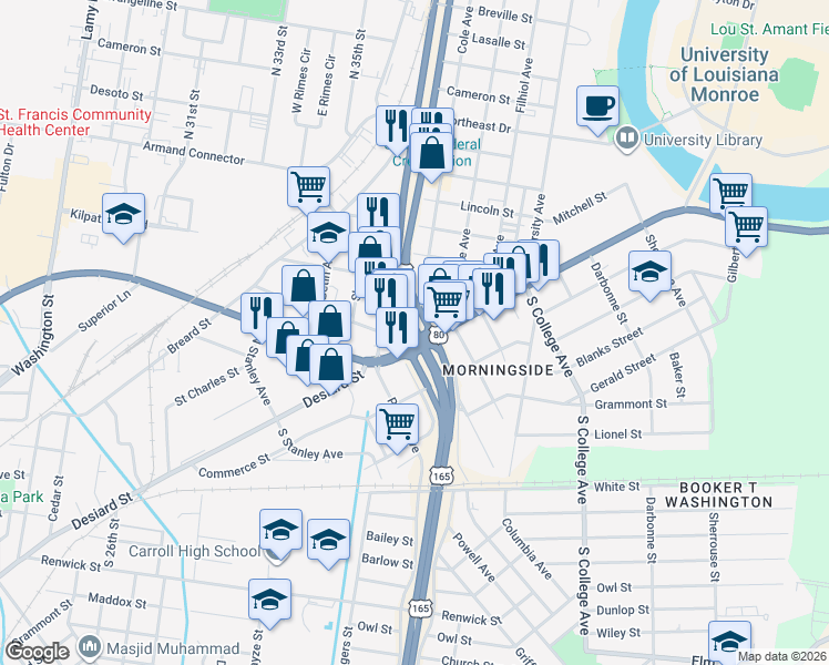 map of restaurants, bars, coffee shops, grocery stores, and more near 10540 U.S. 165 in Sterlington