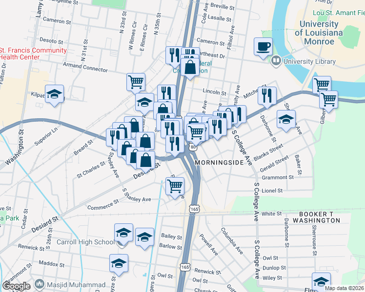 map of restaurants, bars, coffee shops, grocery stores, and more near 10540 U.S. 165 in Sterlington