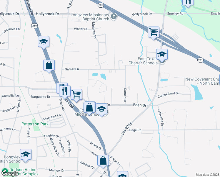 map of restaurants, bars, coffee shops, grocery stores, and more near 1624 Stanley Drive in Longview