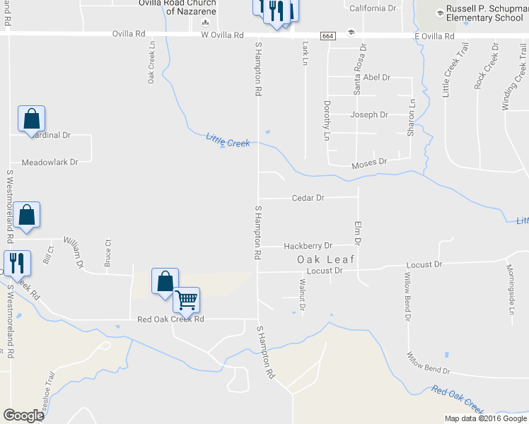 map of restaurants, bars, coffee shops, grocery stores, and more near 102 Cedar Drive in Red Oak