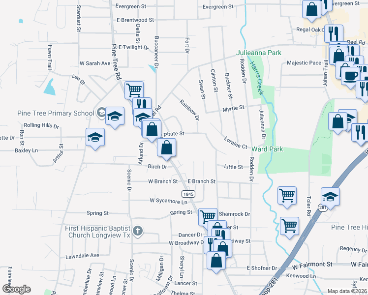 map of restaurants, bars, coffee shops, grocery stores, and more near 1600 Pine Tree Road in Longview