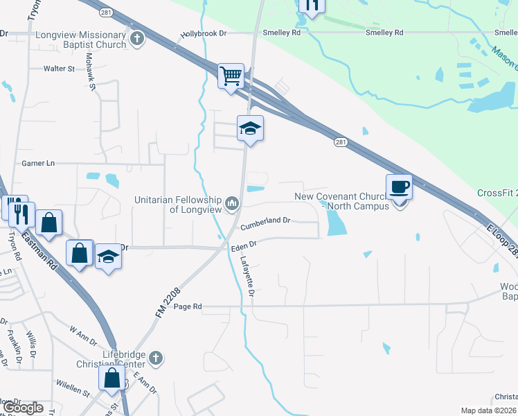 map of restaurants, bars, coffee shops, grocery stores, and more near 2006 Boston Drive in Longview