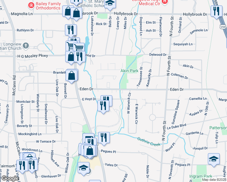 map of restaurants, bars, coffee shops, grocery stores, and more near 9 Serendipity Drive in Longview