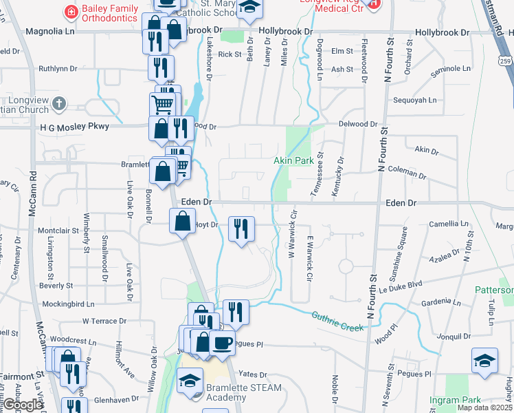 map of restaurants, bars, coffee shops, grocery stores, and more near 330 Eden Drive in Longview