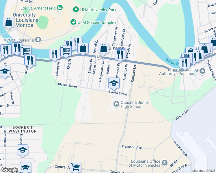 map of restaurants, bars, coffee shops, grocery stores, and more near 5405 Blanks Street in Monroe