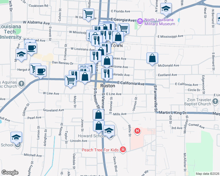 map of restaurants, bars, coffee shops, grocery stores, and more near 606 South Bonner Street in Ruston