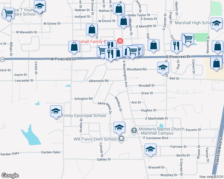 map of restaurants, bars, coffee shops, grocery stores, and more near 2506 Madewood Road in Marshall