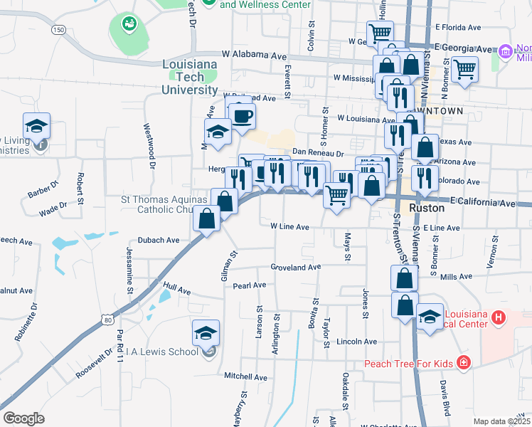 map of restaurants, bars, coffee shops, grocery stores, and more near 609 Bond Street in Ruston