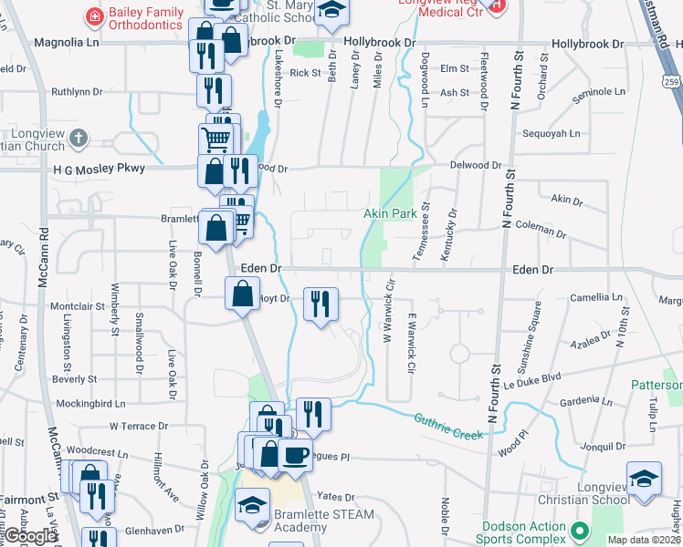 map of restaurants, bars, coffee shops, grocery stores, and more near 330 Eden Drive in Longview