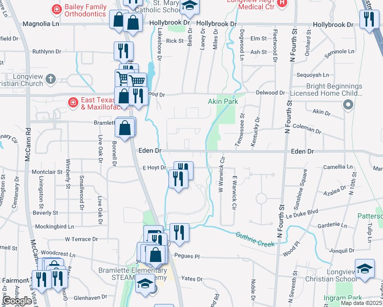 map of restaurants, bars, coffee shops, grocery stores, and more near 330 Eden Drive in Longview