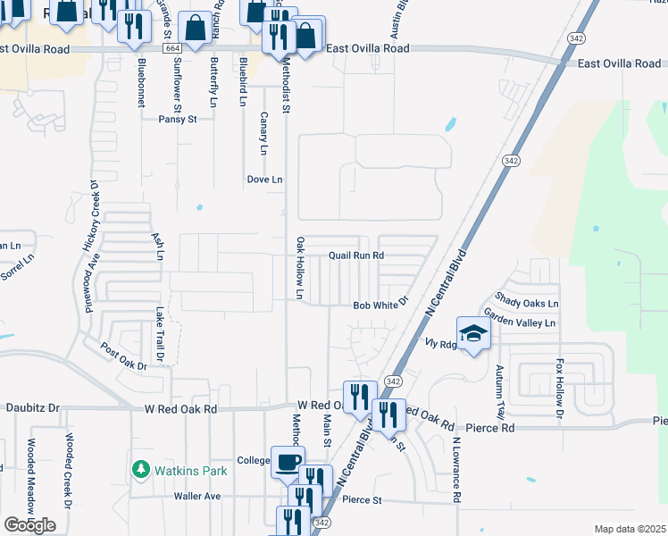 map of restaurants, bars, coffee shops, grocery stores, and more near 119 Forest Park Lane in Red Oak