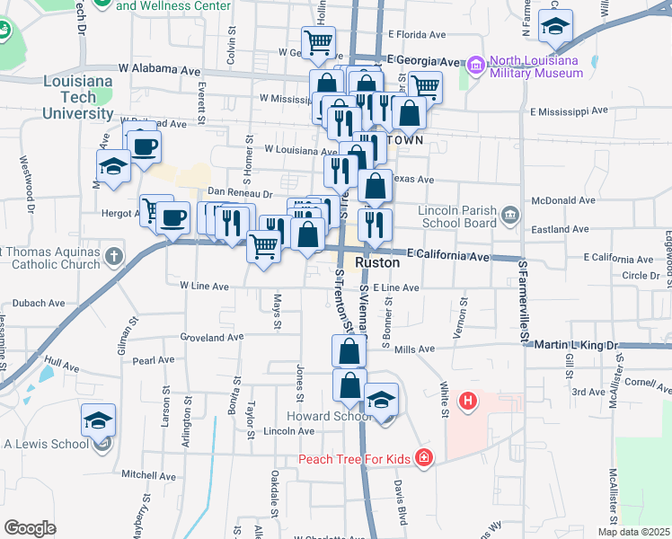 map of restaurants, bars, coffee shops, grocery stores, and more near 608 South Trenton Street in Ruston
