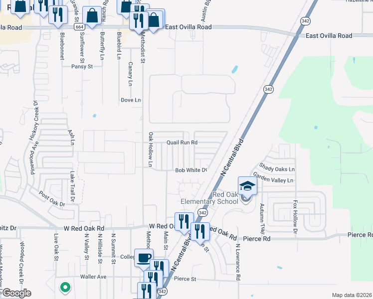 map of restaurants, bars, coffee shops, grocery stores, and more near 216 Sunrise Lane in Red Oak