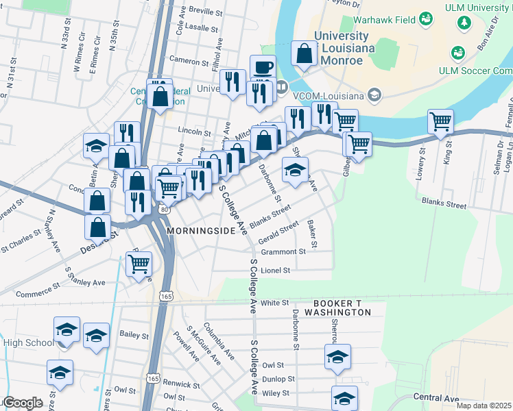 map of restaurants, bars, coffee shops, grocery stores, and more near 3900 Harrison Street in Monroe