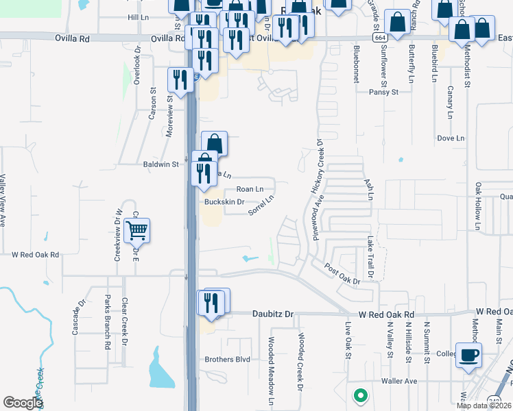 map of restaurants, bars, coffee shops, grocery stores, and more near 412 Sorrel Lane in Red Oak