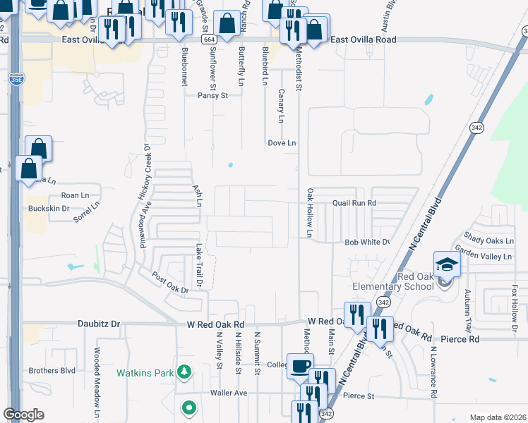 map of restaurants, bars, coffee shops, grocery stores, and more near 131 Red Pine Drive in Red Oak