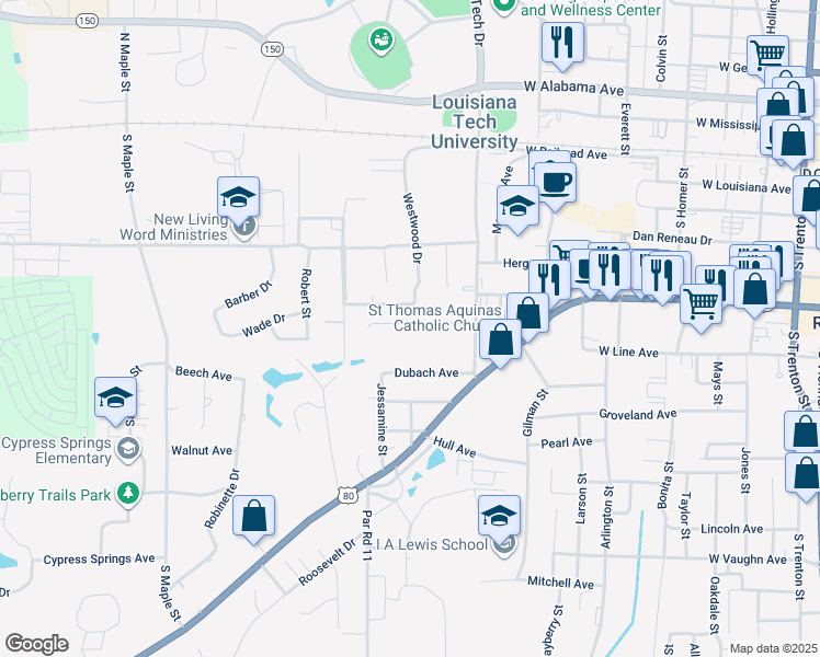 map of restaurants, bars, coffee shops, grocery stores, and more near 1119 Carey Avenue in Ruston