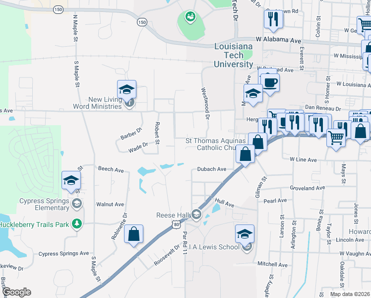 map of restaurants, bars, coffee shops, grocery stores, and more near 1129 Carey Avenue in Ruston