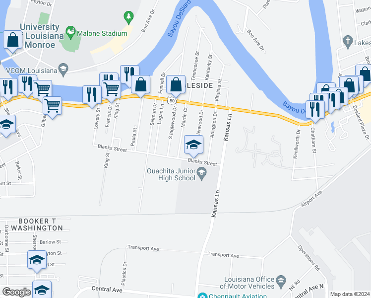 map of restaurants, bars, coffee shops, grocery stores, and more near 5405 Blanks Street in Monroe
