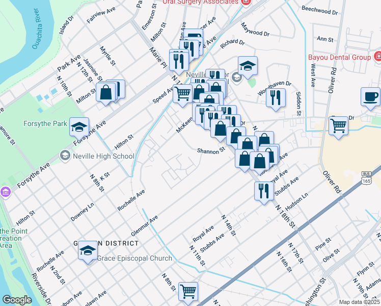 map of restaurants, bars, coffee shops, grocery stores, and more near 1401 Erin Street in Monroe