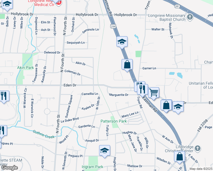 map of restaurants, bars, coffee shops, grocery stores, and more near 1215 Eden Drive in Longview
