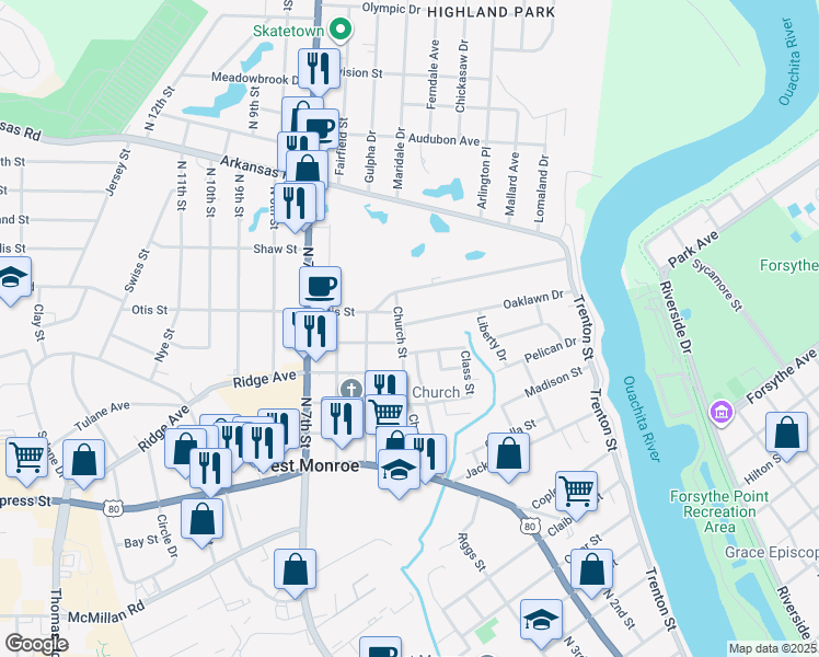 map of restaurants, bars, coffee shops, grocery stores, and more near 503 Oaklawn Drive in West Monroe