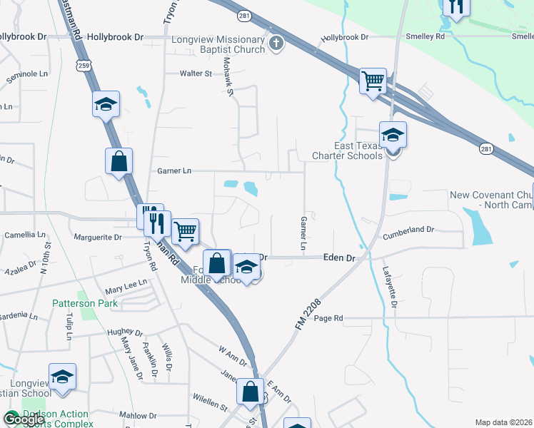 map of restaurants, bars, coffee shops, grocery stores, and more near 1624 Stanley Drive in Longview