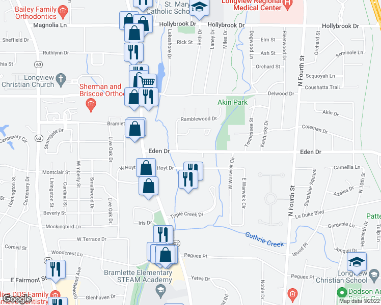 map of restaurants, bars, coffee shops, grocery stores, and more near 310 Eden Drive in Longview